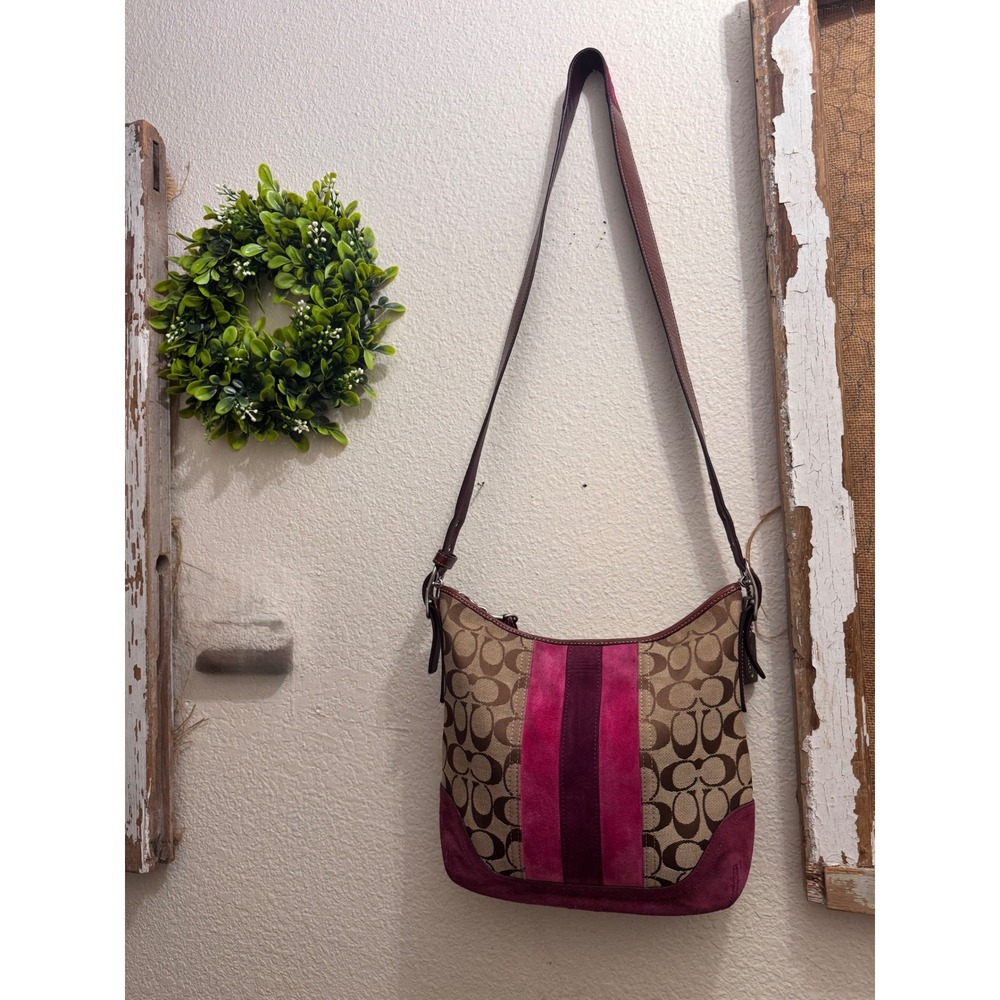 Vintage 2004 Coach Varsity Stripe Signature Suede Crossbody Bag 6877 Y2K